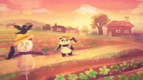 anthro black_body black_fur chibi clothing detailed_background fur group hat headgear headwear outside scarecrow sun towel trio white_body white_fur araru bear giant_panda mammal 16:9 2020 hi_res widescreen