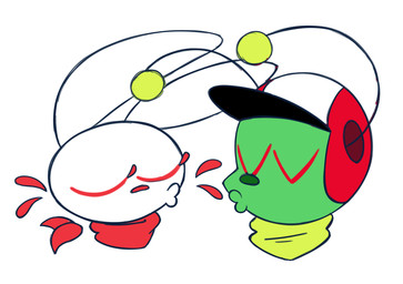 antennae_(anatomy) anthro armor black_antennae duo eyelashes eyes_closed female fur green_body green_nose headgear helmet imminent_kiss kerchief long_ears male male/female multicolored_antennae neckerchief neckwear red_eyelashes red_helmet red_kerchief red_neckerchief red_nose side_view teeth two_tone_antennae two_tone_helmet white_body white_ears white_fur white_helmet yellow_antennae yellow_kerchief yellow_neckerchief 8-bit-britt buddy_boy_(8-bit-britt) cherry_bunny_(8-bit-britt) alien lagomorph leporid mammal rabbit 2025 digital_media_(artwork) hi_res