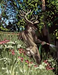 anthro antlers branch butt casual_nudity day detailed_background fence flower fur garden_hose gardening grass horn hose leaf male nude outside painterly plant rear_view sky solo standing tree tuft water water_hose watering momamo deer mammal new_world_deer reindeer 2022 absurd_res hi_res