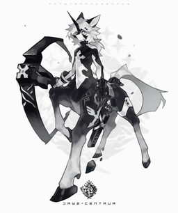 1_horn accessory arrow_(weapon) belt clothing collar crossbow furgonomics gloves hair handwear holding_crossbow holding_object holding_ranged_weapon holding_weapon hooves horn low-angle_view male male_taur narrowed_eyes quadruped quiver_(object) raised_foot ranged_weapon simple_background solo tail tail_accessory tail_belt text three-quarter_view unguligrade weapon white_hair keroreud european_mythology greek_mythology mythology centaur equid equid_taur humanoid_taur mammal mammal_taur taur 2018 absurd_res black_and_white english_text hi_res monochrome species_name