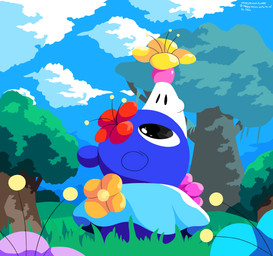 ambiguous_gender black_eyes blue_body cloud feral flower grass markings plant sky solo tree whisker_markings sleepy_sealion nintendo pokemon generation_7_pokemon pokemon_(species) popplio 2026 absurd_res dated hi_res signature