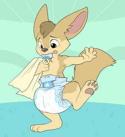 ambiguous_gender anthro bedding big_ears blanket clean_diaper clothed clothing diaper diaper_only looking_down object_in_mouth on_one_leg pacifier pacifier_in_mouth pattern_diaper pawpads pawprint_diaper pawprint_print print_diaper simple_background solo standing star star_polygon star_print starry_diaper topless wearing_diaper young young_anthro bubblepuppers canid canine fennec_fox fox mammal true_fox 2019 digital_media_(artwork) hi_res