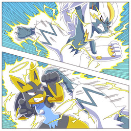 ambiguous_gender angry anthro duo fur tail white_body white_fur yellow_body yellow_fur ragster_(artist) nintendo pokemon canid canine felid generation_4_pokemon generation_7_pokemon legendary_pokemon lucario mammal pokemon_(species) shiny_pokemon zeraora 1:1 comic digital_media_(artwork) hi_res