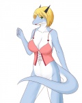 4:5 anthro biped blonde_hair blush breasts clothed clothing convenient_censorship corset diva_(artist) dragon female green_eyes hair hi_res lingerie looking_at_viewer mythological_creature mythological_scalie mythology non-mammal_breasts pinup pose scalie short_hair simple_background skimpy solo standing tail topwear
