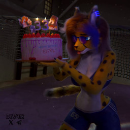 anthro athletic birthday blue_eyes blue_hair brown_hair cake clothing dessert emotional eyewear female fluffy fluffy_tail food fur gift glasses hair holding_object holidays licking open_mouth orange_body orange_fur passionate pose slim solo sound_effects sportswear standing sweets swimwear tail tongue tongue_out topwear dev4ik cheetah felid feline jaguar leopard mammal pantherine 1:1 3d_(artwork) 3d_animation animated digital_media_(artwork) hi_res pinup short_playtime sound video voice_acted