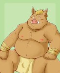 anthro asian_clothing belly blush brown_body clothing east_asian_clothing fundoshi japanese_clothing kemono male moobs nipples overweight overweight_male simple_background sitting solo underwear snow_utamaru that_time_i_got_reincarnated_as_a_slime geld_(that_time_i_got_reincarnated_as_a_slime) mammal suid suine sus_(pig) wild_boar 2021 hi_res