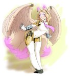 breasts cosplay feathered_wings feathers female machine multi_tail necktie pink_eyes simple_background smile solo tail wings helixjack atlus megami_tensei megami_tensei_persona persona_(series) persona_3 sega aigis_(persona) animal_humanoid canid canid_humanoid canine canine_humanoid fox_humanoid humanoid mammal mammal_humanoid robot robot_humanoid 2018 absurd_res hi_res