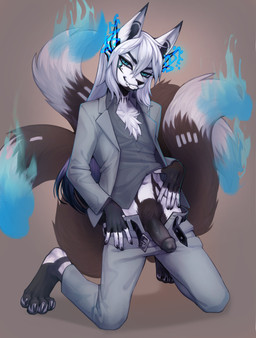 anthro barefoot black_penis blue_eyes bottomwear clothed clothing erection feet fur genitals hair hindpaw jacket looking_at_viewer male pants paws penis presenting presenting_penis seductive shirt simple_background smile smiling_at_viewer smirk solo topwear unzipped unzipped_pants white_body white_fur white_hair zipper romarom merek_(roadkilla12) canid canine fox fox_spirit mammal absurd_res digital_media_(artwork) hi_res shaded