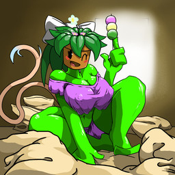 accessory bed bed_sheet bedding bottomwear bow_ribbon candy clothing dessert female flower flower_in_hair food furniture green_body green_hair green_skin hair hair_accessory looking_at_viewer navel nipple_outline on_bed one_eye_closed pillow plant plant_pot purple_bottomwear purple_clothing purple_shirt purple_shorts purple_topwear shirt shorts simple_background simple_face sitting sitting_on_bed smile smiling_at_viewer solo tail tongue topwear window wink winking_at_viewer sillyseacreatur blaster_master kanna_(blaster_master) elemental_creature elemental_humanoid flora_fauna humanoid plant_humanoid 1:1 hi_res