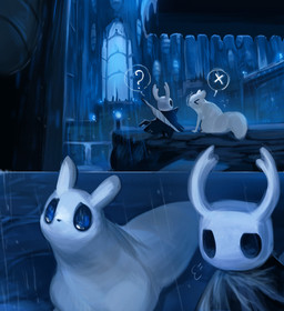2_horns 2_panel_comic ambiguous_gender biped black_eyes black_nose cloak clothing detailed_background duo eyes_closed horn melee_weapon nail_(weapon) question_mark raining speech_bubble standing tail weapon weapon_on_back white_body ritikin hollow_knight_(franchise) rain_world team_cherry videocult survivor_(rain_world) the_knight_(hollow_knight) slugcat vessel_(species) 2025 comic hi_res