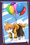 anthro attached_to_balloon balloon balloon_support barefoot bottomwear brown_bottomwear brown_clothing brown_pants cheek_tuft clothed clothing facial_tuft feet fur glistening glistening_eyes hair inflatable inflatable_support looking_at_viewer male mouth_closed orange_body orange_eyes orange_fur orange_hair pants simple_background solo tail topwear tuft white_body white_fur yellow_body yellow_clothing yellow_fur yellow_topwear young young_male kuttoyaki mythology kutto dragon furred_dragon furred_scalie mythological_creature mythological_scalie scalie full-length_portrait hi_res portrait