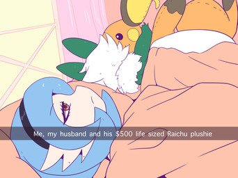 anthro bed blue_hair clothing duo female furniture hair headgear headwear hug lying lying_on_bed male male/female on_bed piercing plushie text white_hair oreon_smol ah_yes._me._my_girlfriend. nintendo pokemon awah_(awakeon) mandy_(gammainks) eeveelution flareon gardevoir generation_1_pokemon generation_3_pokemon pokemon_(species) shiny_pokemon english_text hi_res meme