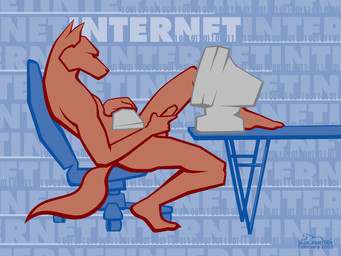 anthro biped chair computer computer_keyboard electronics erection furniture genitals internet male masturbation office_chair penile penile_masturbation penis sitting solo table tail text text_background wall_of_text blue_panther canid canine fox mammal 2003 4:3 english_text