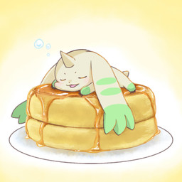 anthro food fur horn long_ears male maple_syrup micro pancake pancake_stack sleeping solo syrup white_body white_fur hoshima_tissue bandai_namco digimon digimon_(species) terriermon 1:1 hi_res