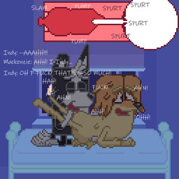 abdominal_bulge aged_up anthro bed bedroom bedroom_eyes bedroom_sex black_body black_fur blinds bodily_fluids cervix cum cum_in_uterus cum_in_vagina cum_inflation cum_inside dialogue doggystyle duo female from_behind_position fur furniture genital_fluids genitals hair heart_eyes heart_symbol inflation internal internal_vaginal male male/female messy messy_fur messy_hair moon name_in_dialogue narrowed_eyes penetration penile penile_penetration penis penis_in_vagina pixelated pixelated_background profanity raised_leg red_eyes seductive sex shocked short_penis sound_effects text thick_penis uterus vaginal vaginal_penetration white_body white_fur window yellow_body yellow_fur broken_pixel dokapi bluey_(series) indy_(bluey) mackenzie_(bluey) afghan_hound border_collie canid canine canis collie domestic_dog herding_dog hunting_dog mammal pastoral_dog sheepdog sighthound 1:1 digital_media_(artwork) english_text hi_res pixel_(artwork) shaded
