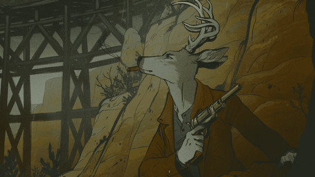 anthro antlers cigarette cigarette_in_mouth clothing gun handgun horn jacket male object_in_mouth outside railway_track raining ranged_weapon revolver smoking smoking_cigarette solo topwear weapon western zanity jayne_doe cervine deer mammal animated short_playtime wallpaper
