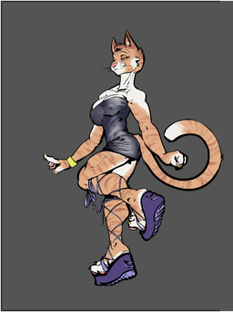 5_fingers anthro bedroom_eyes clothed clothing dancing female fingers footwear leather leather_clothing narrowed_eyes nipple_outline pink_nose platform_footwear sandals seductive shoes skimpy slim smile solo tabby_fur tight_clothing whiskers yellow_eyes kansyr domestic_cat felid feline felis mammal hi_res