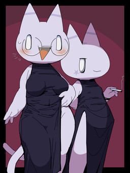 anthro black_clothing black_dress blush bodily_fluids breasts cigarette clothed clothing dress duo empty_eyes eyewear female glasses holding_cigarette holding_object looking_at_viewer markings medium_breasts navel_outline open_mouth round_glasses smile smirk smoke standing star_(marking) sweat tail thick_thighs wearing_glasses wide_hips qadyx 2channel a_(2channel) fii_(2channel) 2channel_ascii_art_character domestic_cat felid feline felis mammal 3:4 digital_media_(artwork) hi_res