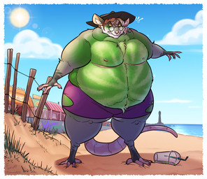 angry anthro belly belly_expansion belly_inflation biped blush boardwalk brown_hair claws clenched_teeth clothed clothing cloud detailed_background emanata exclamation_point expansion eyewear food food_transformation fruit fur glasses graffiti green_body green_fur grey_body grey_fur hair hat headgear headwear inflation lens_flare lighthouse looking_at_self looking_down looking_down_at_self male mastectomy_scar melon mid_transformation navel nipples outside pince-nez plant plant_transformation sand scar sea sky slushie solo standing striped_body stripes sun sun_hat surprised teeth text tight_clothing toe_claws topless torn_clothing transformation water watermelon watermelon_inflation fenris49 lillymoo american_opossum elemental_creature flora_fauna food_creature living_fruit mammal marsupial virginia_opossum artist_name hi_res