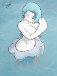 anthro big_breasts big_hands blue_body blue_hair breasts bulbous_nose cleavage clothed clothing covering covering_breasts covering_self eyes_closed female fin flipper_hands flippers frill_(anatomy) hair long_hair membrane_(anatomy) membranous_frill navel nude partially_submerged snout solo spikes spikes_(anatomy) split_form submissive water white_body wide_hips sergiroth nintendo pokemon aria_(sergiroth) generation_7_pokemon mammal marine merfolk pinniped pokemon_(species) primarina seal 3:4 hi_res signature