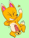 anthro balls belly erection fur genitals gesture grin hand_gesture male nipples nude orange_body orange_fur penis pupils slightly_chubby slit_pupils smile solo thumbs_up noinipi animal_crossing nintendo crazy_redd canid canine fox mammal absurd_res hi_res