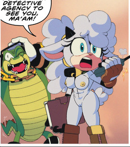 bell bell_collar blue_eyes boots breasts clothing collar eyelashes female fingerless_gloves footwear genitals gloves handwear horn nipples shoes speech_bubble tail text vulva anonymous_artist third-party_edit idw_publishing sega sonic_the_hedgehog_(comics) sonic_the_hedgehog_(idw) sonic_the_hedgehog_(series) lanolin_the_sheep_(sonic) vector_the_crocodile bovid caprine crocodile crocodilian mammal reptile scalie sheep english_text nude_edit official_art