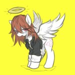 all_fours brown_mane business_suit clothing cosplay crossover_cosplay cutie_mark eyelashes feathered_wings feathers feral fur halo hooves long_mane looking_at_viewer male mane necktie ponification red_eyes simple_background solo suit white_body white_fur wings yellow_background ather_os chainsaw_man hasbro my_little_pony mythology angel_devil angel equid equine mammal mythological_creature mythological_equine pegasus 2024 absurd_res crossover digital_drawing_(artwork) digital_media_(artwork) hi_res