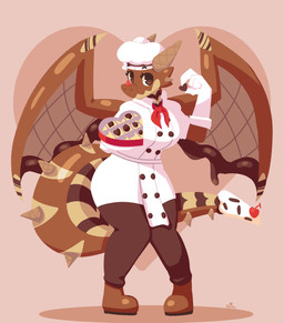 4_fingers anthro ascot back_wings big_breasts boots bottomwear breasts brown_background brown_body brown_boots brown_bottomwear brown_clothing brown_eyes brown_footwear brown_pants butt candy chef_hat chef_uniform cherry chocolate chocolate_heart claws clothing dessert dipstick_tail dripping_chocolate eyelashes female fingers floating_eyebrows food footwear fruit hat headgear headwear heart_box heart_symbol holding_candy holding_chocolate holding_food holding_object horn ice_cream ice_cream_cone knock-kneed long_tail looking_at_viewer markings mouth_closed multicolored_body pants plant red_ascot shoes simple_background snout solo spread_wings sprinkles standing strawberry striped_markings striped_tail stripes tail tail_markings thick_tail unusual_anatomy unusual_horn white_clothing white_hat white_headwear white_uniform wide_hips wing_claws wings yellow_body huniberry mythology twikinzy dragon food_creature living_candy living_chocolate mythological_creature mythological_scalie scalie 2026 absurd_res hi_res portrait signature