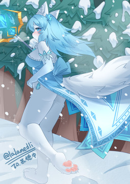 anthro blue_clothing blue_eyes blue_hair clothing female gffcgg hair shy snow solo staff white_body lalamedli humanoid absurd_res hi_res