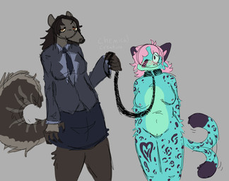 anthro asymmetrical_hair bdsm bedroom_eyes blush bottomwear breasts brown_eyes brown_hair claws clothing collar duo eyelashes female female/female fluffy fluffy_tail front_view fur genitals hair hand_on_hip hands_behind_back holding_leash holding_object humanoid_genitalia humanoid_vulva leash leopard_spots long_hair medium_hair narrowed_eyes necktie nipples petplay pink_hair plantigrade roleplay seductive skirt smile spots standing straight_hair suit tail tail_motion tailwag teal_body teal_fur text thin_tail vulva wavy_hair wide_eyed chemicalcreature mintie_(chemicalcreature) vanessa_(chemicalcreature) anteater felid leopard mammal pantherine pilosan xenarthran 2025 artist_name colored digital_media_(artwork) hi_res signature watermark