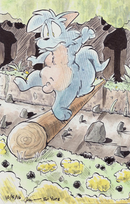 anthro balancing balls black_nose blue_body blue_fur danger detailed_background fluffy fluffy_tail forest fur genitals log male navel nude outside penis plant rock small_penis solo tail toony tree whiskers wood yellow_eyes young young_anthro young_male jarr_bunky yure_(reizinho) domestic_cat felid feline felis hybrid mammal absurd_res hi_res