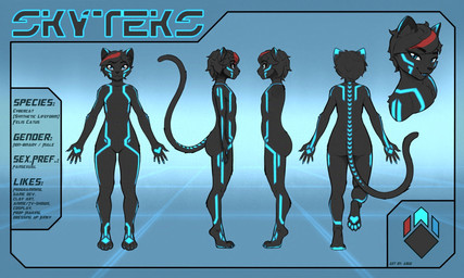 anthro black_body black_fur black_hair black_nose blue_eyes cyberpunk femboy fur glowing glowing_eyes glowing_markings hair male markings nude nude_anthro pawpads paws raised_paw raised_tail red_hair red_hair_tips replaced_text rune_markings runes solo striped_markings striped_tail stripes tail tail_markings text tron_lines abug skyteks felid feline humanoid mammal 5:3 adversarial_noise artist_name digital_drawing_(artwork) digital_media_(artwork) english_text hi_res model_sheet nonbinary_(lore)