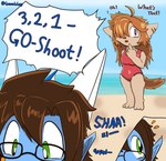 anthro beach biped blue_body brown_hair clothing comic_panel dialogue eyewear facial_markings female fin fur glasses green_eyes hair head_fin head_horn head_markings horn looking_at_another looking_down male markings one-piece_swimsuit orange_hair purple_eyes shy sound_effects speech_bubble swimwear yellow_body yellow_fur gunma747j beyblade mythology gunma_(gunma747j) loomy_(comifur) canid canine canis domestic_dog dragon fanged_dragon garyu_(species) hail-fanged_dragon hyogaryu mammal mythological_creature mythological_scalie scalie absurd_res comic hi_res