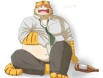 anthro belly blush bottomwear clothing drunk eyes_closed kemono male necktie overweight overweight_anthro overweight_male pants shirt simple_background sitting solo substance_intoxication topwear white_background emufu felid mammal pantherine tiger 2013 4:3