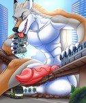 anthro balls building city debris destruction fur genitals licking macro male multicolored_body multicolored_fur muscular muscular_anthro muscular_male open_mouth penis sharp_teeth skyscraper teeth tongue tongue_out train vehicle vein veiny_penis furrypur arden_(ardenwolf) canid canine canis mammal wolf 2022 digital_media_(artwork) hi_res