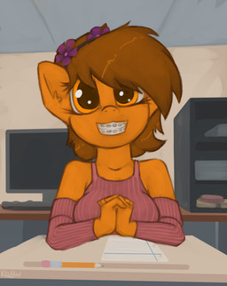 anthro armwear braces classroom clothing computer desk ear_tuft electronics eyelashes female furniture hair school smile solo table teeth tuft marsminer hasbro my_little_pony fan_character venus_spring equid equine horse mammal pony 2018 hi_res