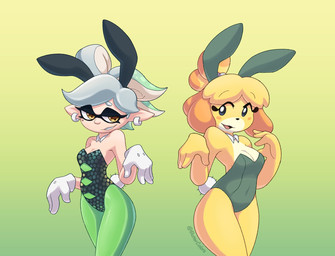 anthro bare_shoulders black_eyes black_nose blonde_hair blush blush_stickers breasts bunny_costume cleavage clothed clothing costume domino_mask dress duo ear_piercing ear_ring eyemask eyewear facial_markings fake_ears fake_rabbit_ears female female/female female_anthro female_humanoid fur gloves green_background green_clothing green_legwear green_thigh_highs hair half-closed_eyes handwear head_markings humanoid_pointy_ears legwear light-skinned_female light_body light_skin looking_at_viewer markings mask mask_(marking) mole_(marking) mole_under_eye narrowed_eyes open_mouth open_smile piercing pointy_ears pose pseudo_hair ring_piercing shirt_collar short_hair simple_background smile smiling_at_viewer standing tentacle_hair tentacles text thick_thighs thigh_highs white_clothing white_gloves white_hair white_handwear yellow_body yellow_eyes yellow_fur yellow_skin buttercolors animal_crossing nintendo splatoon isabelle_(animal_crossing) marie_(splatoon) animal_humanoid aquatic aquatic_humanoid canid canine canis cephalopod cephalopod_humanoid domestic_dog human humanoid inkling mammal mollusk mollusk_humanoid toy_dog 2026 artist_name crossover digital_drawing_(artwork) digital_media_(artwork) hi_res portrait three-quarter_portrait