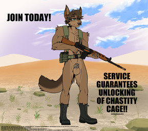 5_fingers accessory anthro assault_rifle balls black_nose boots brown_body brown_fur brown_hair chastity_cage chastity_device clothing fingers fn_fal footwear fur genitals gun hair harness headband humanoid_hands male mostly_nude mostly_nude_anthro mostly_nude_male penis ranged_weapon rifle shoes solo standing tail text weapon evangellos canid canine canis mammal wolf english_text