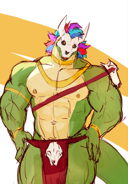 anthro barazoku big_muscles biped black_sclera bone bone_mask bottomwear clothing green_body hair loincloth male mask multicolored_hair muscular muscular_anthro muscular_male skull skull_mask solo standing yellow_eyes lewi_haidar european_mythology mythology terraria witch_doctor_(terraria) dragon mythological_creature mythological_scalie scalie western_dragon 2026 hi_res