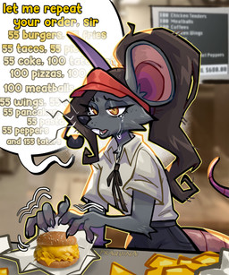 4_fingers anthro bent_whiskers biped bodily_fluids bottomwear breasts brown_hair claws clothed clothed_anthro clothed_female clothing crying dialogue female finger_claws fingers front_view fully_clothed fully_clothed_anthro fully_clothed_female fur grey_body grey_fur hair hat headgear headwear inside open_mouth orange_eyes pants shirt solo speech_bubble standing tail tears teeth text tongue topwear whiskers praquina ratricia_(el-k) mammal mouse murid murine rodent 2026 5:6 digital_drawing_(artwork) digital_media_(artwork) english_text hi_res