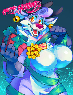 anthro antlers bdsm bell big_breasts bondage bound bow_ribbon box breasts christmas_present container ear_piercing ear_ring female fur gift gift_box holidays horn looking_at_viewer open_mouth open_smile piercing purple_body purple_fur red_nose ribbon_bondage ribbons ring_piercing simple_background smile solo tail text tongue virushunter rudolph_the_red-nosed_reindeer deer mammal new_world_deer reindeer absurd_res digital_media_(artwork) hi_res