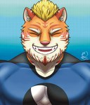 anthro beard blonde_hair blue_clothing blush clothed clothing costume eyes_closed facial_hair front_view fur hair inner_ear_fluff male muscular muscular_male open_mouth open_smile orange_body orange_fur pecs simple_background smile solo spandex standing stripes superhero teeth tight_clothing topwear tuft white_body white_fur swaggy_tamago super-nova vince_(super-nova) felid mammal pantherine tiger 2022 bust_portrait colored digital_media_(artwork) hi_res portrait signature