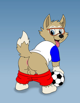 anthro anus backsack balls bottomwear bottomwear_down butt clothed clothing genitals looking_at_viewer male mascot pants pants_down partially_clothed pink_anus shota soccer_uniform solo sportswear tongue tongue_out uniform world_cup young young_anthro young_male unclejock fifa zabivaka canid canine canis mammal wolf