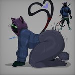 2_tails 4_toes all_fours anthro ball balls big_butt black_claws blue_clothing blue_hoodie blue_topwear bodily_fluids bottom_heavy bottomless bottomless_anthro bottomless_male butt claws clothed clothing fangs feet femboy furgonomics genitals glowing glowing_eyes green_eyes green_nose grey_background heart_symbol hood hoodie male motion_lines mouth_closed multi_tail scrotum_flap side_view simple_background solo sweat sweaty_balls sweaty_butt sweaty_genitalia sweaty_legs sweaty_thighs tail teeth thick_thighs toes topwear whiskers wide_hips cartoonwizzard epic_games fortnite nyanja_(fortnite) domestic_cat felid feline felis mammal 1:1 2024 english_description hi_res