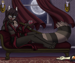 4_toes anthro blood bodily_fluids breasts brown_body brown_eyes brown_fur brown_hair chaise_lounge clothed clothing damask_pattern duo eyewear feet female fur glasses hair hindpaw looking_at_viewer moon night nipples off_shoulder one_breast_out open_mouth paws persian_rug plantigrade sitting smile solo_focus tail teeth toes wallpaper_(decoration) window blithedragon mammal procyonid raccoon vampire digital_media_(artwork)