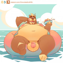 anthro balls belly big_belly black_nose blue_clothing blue_sky blue_topwear bottomless bowl brown_body brown_fur clothed clothing cloud container cutlery eyewear food front_view fur genitals hand_behind_head holding_bowl holding_container holding_object humanoid_genitalia humanoid_penis kitchen_utensils licking licking_lips licking_own_lips male male_anthro moobs navel nipples obese obese_anthro obese_male open_clothing open_mouth open_topwear outside overweight overweight_anthro overweight_male penis pink_nipples pink_penis pool_toy sky solo spoon sunglasses tan_balls tan_body tan_fur text tongue tongue_out tools topwear water chocolateandmilk bear mammal 1:1 2025 dated hi_res signature url