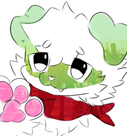 anthro blue_eyes fangs feral fur green_body green_fur hair kemono kerchief male pawpads paws smile solo teeth wavy_hair white_body white_fur young cherrycake_x cherrycake_x_(kito) canid canine mammal album_cover cover