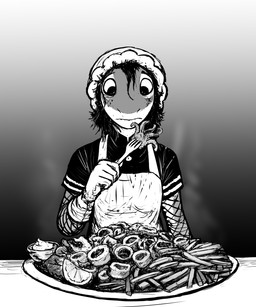 anthro apron armwear calamari_(food) clothing cutlery female fishnet_armwear fishnet_clothing food fork fries fruit kitchen_utensils lemon plant solo tools hladilnik lonely_shark_(hladilnik) aquatic fish shark 2022 5:6 greyscale hi_res monochrome
