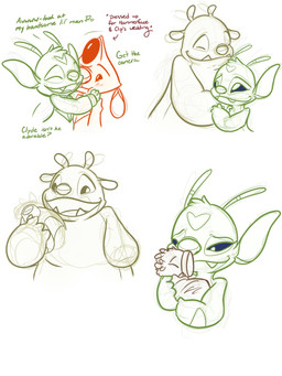 amputee antennae_(anatomy) arm_markings bedding blanket blue_eyes blush blush_lines brown_body carrying_another dialogue dipstick_antennae disability eyebrows eyes_closed facial_markings fangs forehead_markings fur green_body green_fur group head_markings holding_object holding_weapon looking_at_another markings multi_ear multicolored_antennae neonate open_mouth open_smile orange_body raised_inner_eyebrows simple_background smile teeth text weapon white_background young ryuko_rose disney lilo_and_stitch bonnie_(lilo_and_stitch) clyde_(lilo_and_stitch) dina_(ryuko_rose) fan_character heat_(lilo_and_stitch) alien experiment_(lilo_and_stitch) 2021 3:4 english_text hi_res sketch