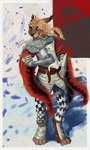 5_fingers anthro armor biped black_text blonde_hair brown_eyes fingers fur hair knight male medieval melee_weapon open_mouth open_smile pupils sharp_teeth smile solo standing sword teeth text tongue warrior weapon white_sclera leprzil felid feline lynx mammal 2025 3:5 artist_name english_text hi_res